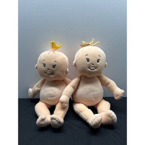 Manhattan Toy Plush Baby Dolls Pair With Embroidered Faces & Pink Ribbon on Girl